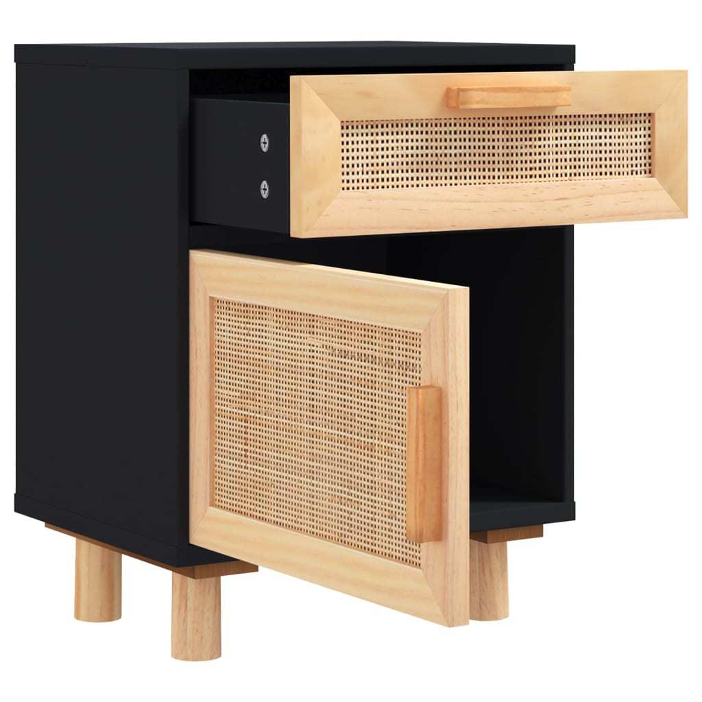 vidaXL Bedside Cabinet Black Solid Wood Pine and Natural Rattan